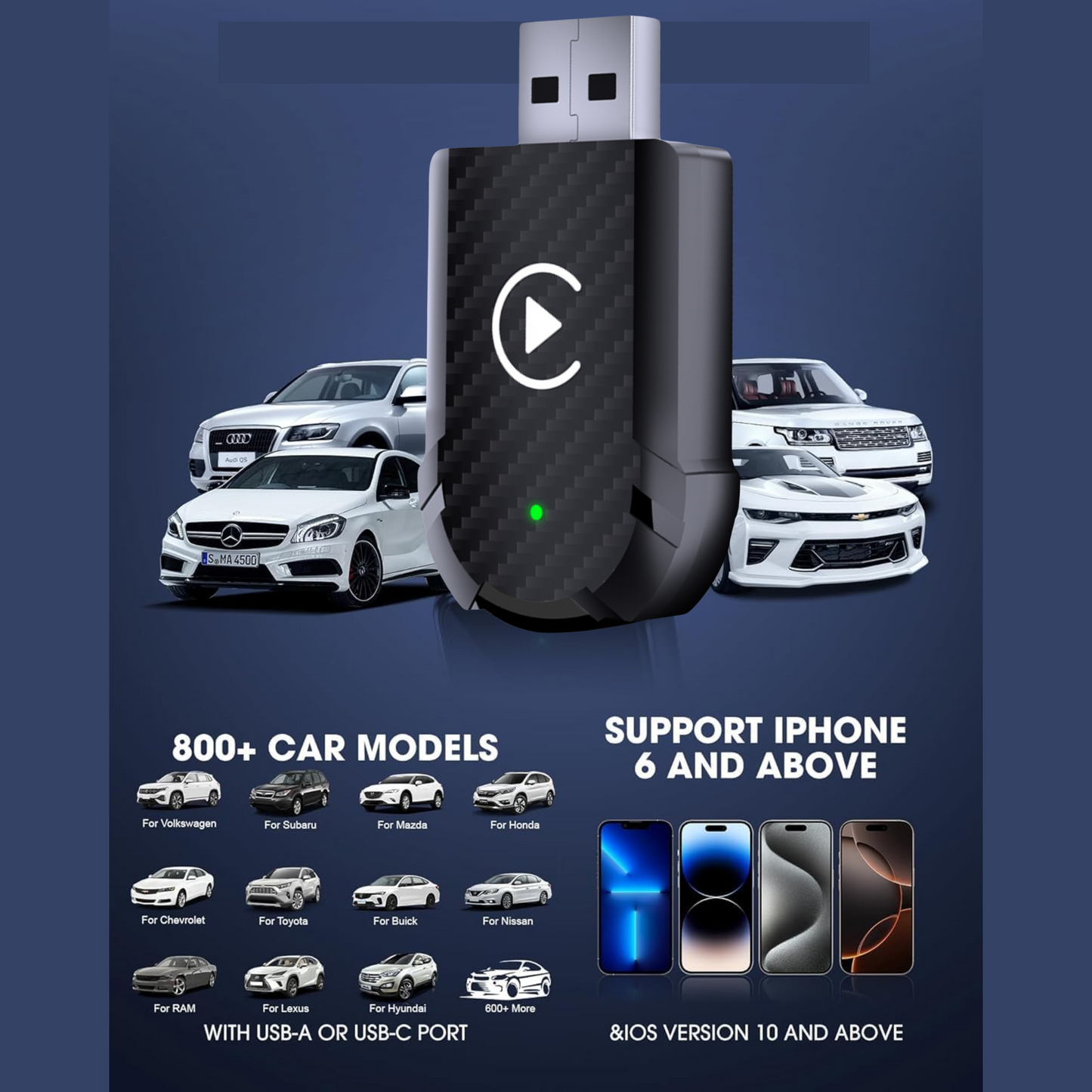 Wireless Carplay Adapter For iPhone Car Play & Android Auto (Plastic Model)
