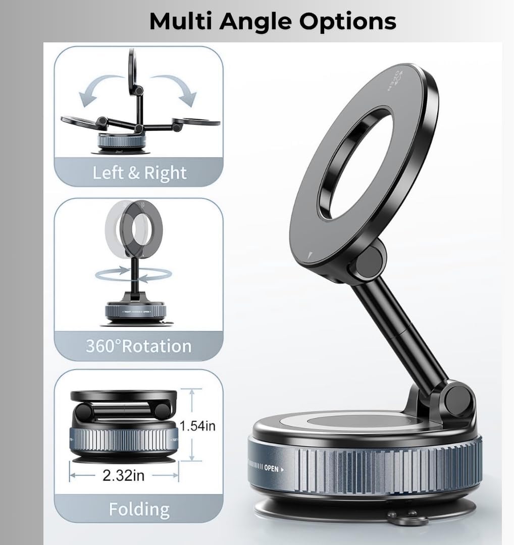 Gajetto MagSafe Car Mount Phone Holder | 360° Adjustable & Strong Vacuum Suction