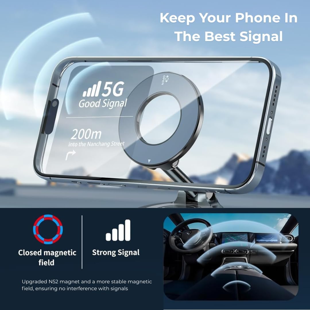 Gajetto MagSafe Car Mount Phone Holder | 360° Adjustable & Strong Vacuum Suction