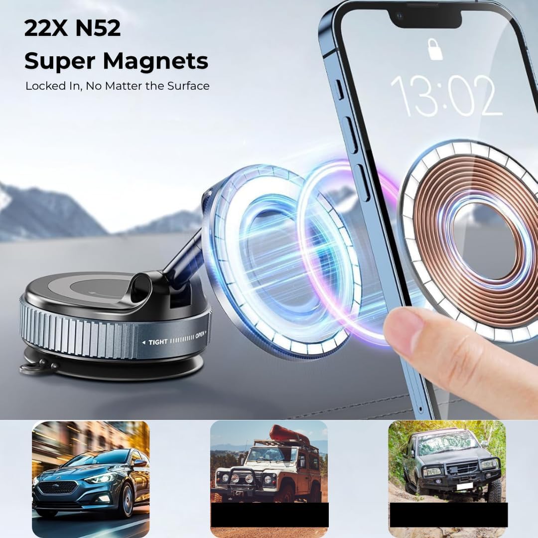 Gajetto MagSafe Car Mount Phone Holder | 360° Adjustable & Strong Vacuum Suction